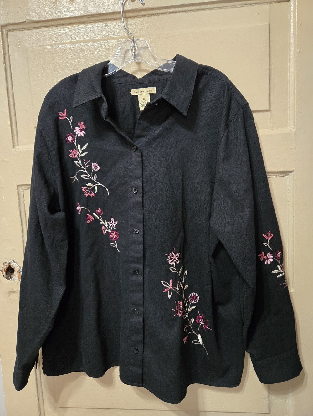 Bechamel 100% Cotton Black Embroidered Floral Button Down Long Sleeve Shirt